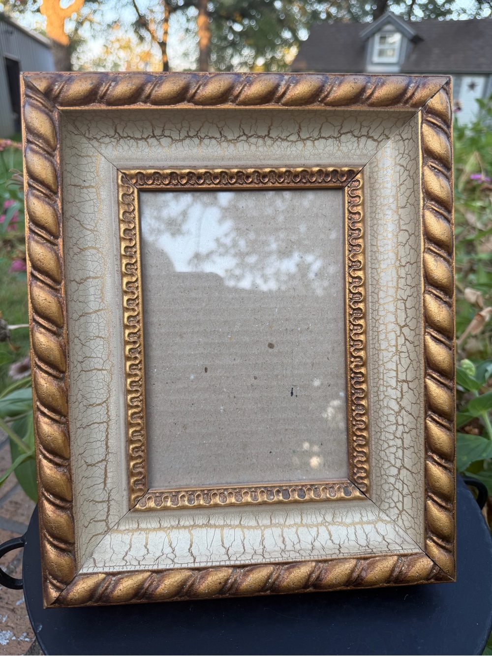 Vintage Ornate Gold Rope & Cream Crackle Tabletop 5x7 Picture Frame Heavy Wood